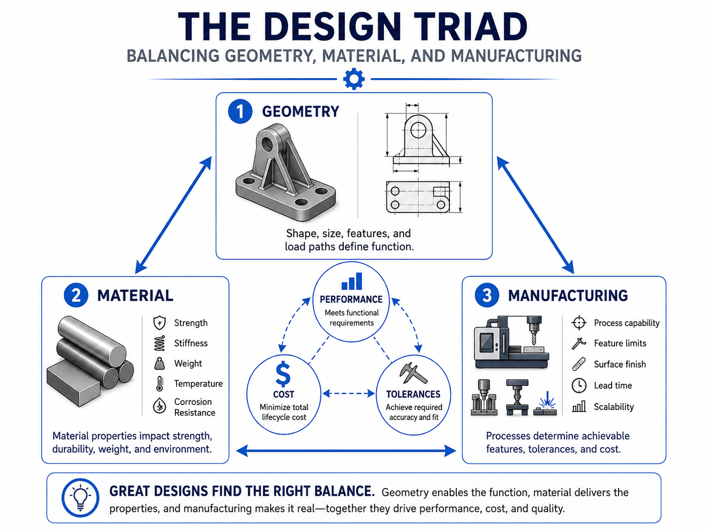 Design triad diagram showing how geometry, material, and manufacturing affect performance, cost, and tolerances in mechanical design principles