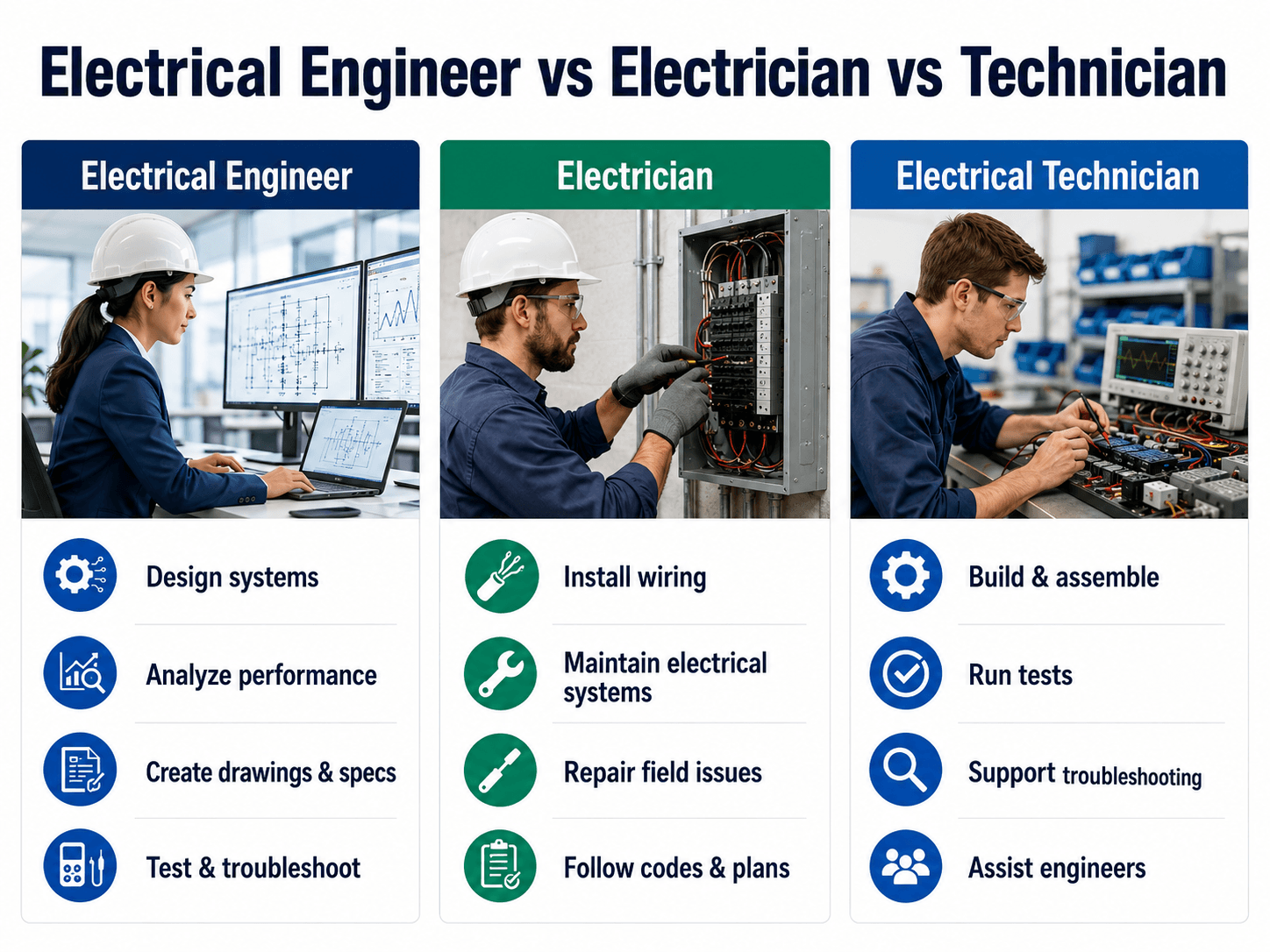 Comparison graphic explaining the difference between an electrical engineer, electrician, and electrical technician