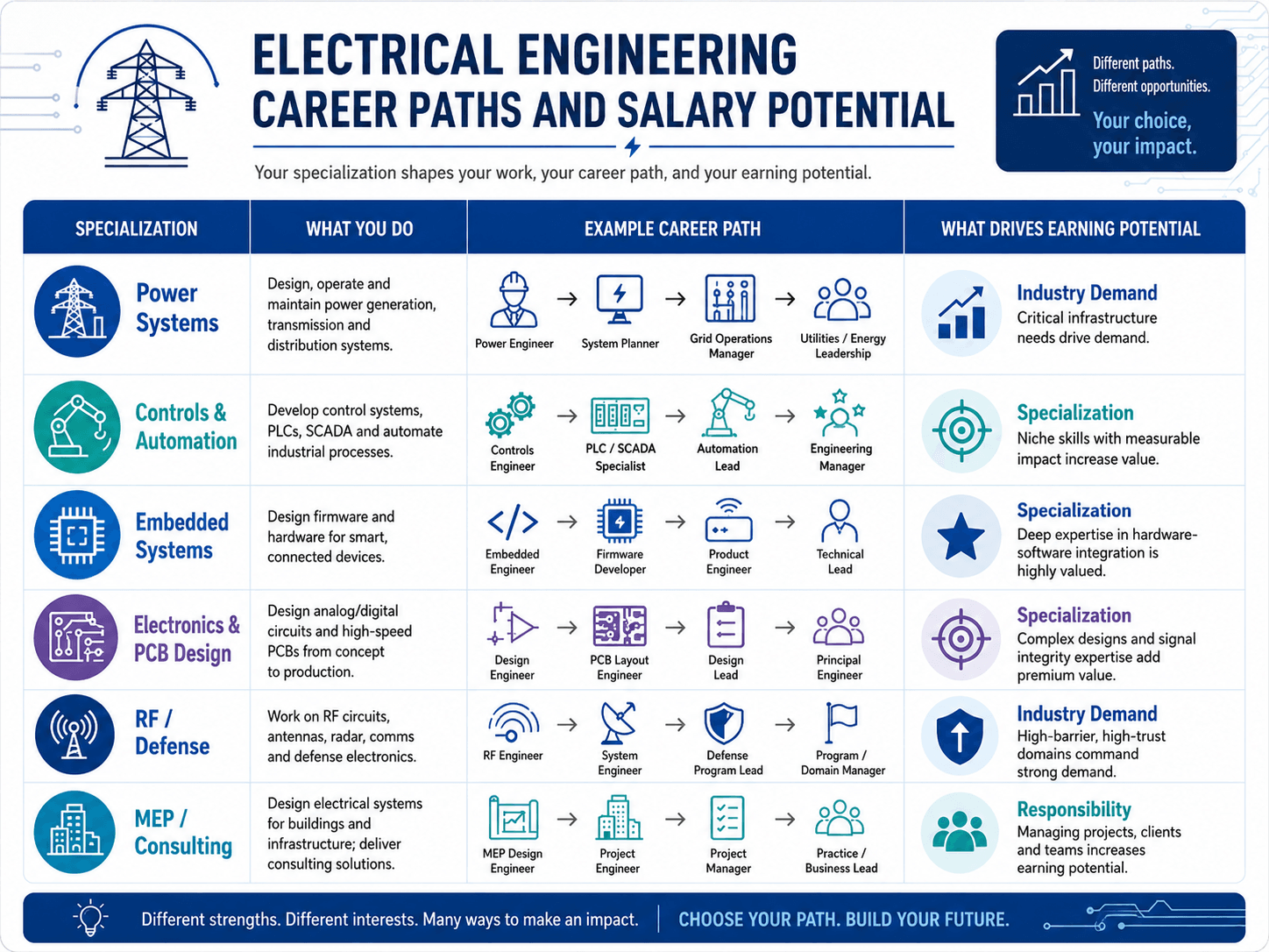 Electrical engineering career paths and salary factors across power systems, electronics, controls, communications, embedded systems, and management