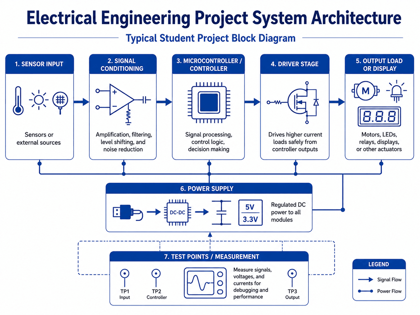 Electrical engineering project system architecture block diagram showing sensor input, conditioning, controller, driver stage, output, power supply, and test points