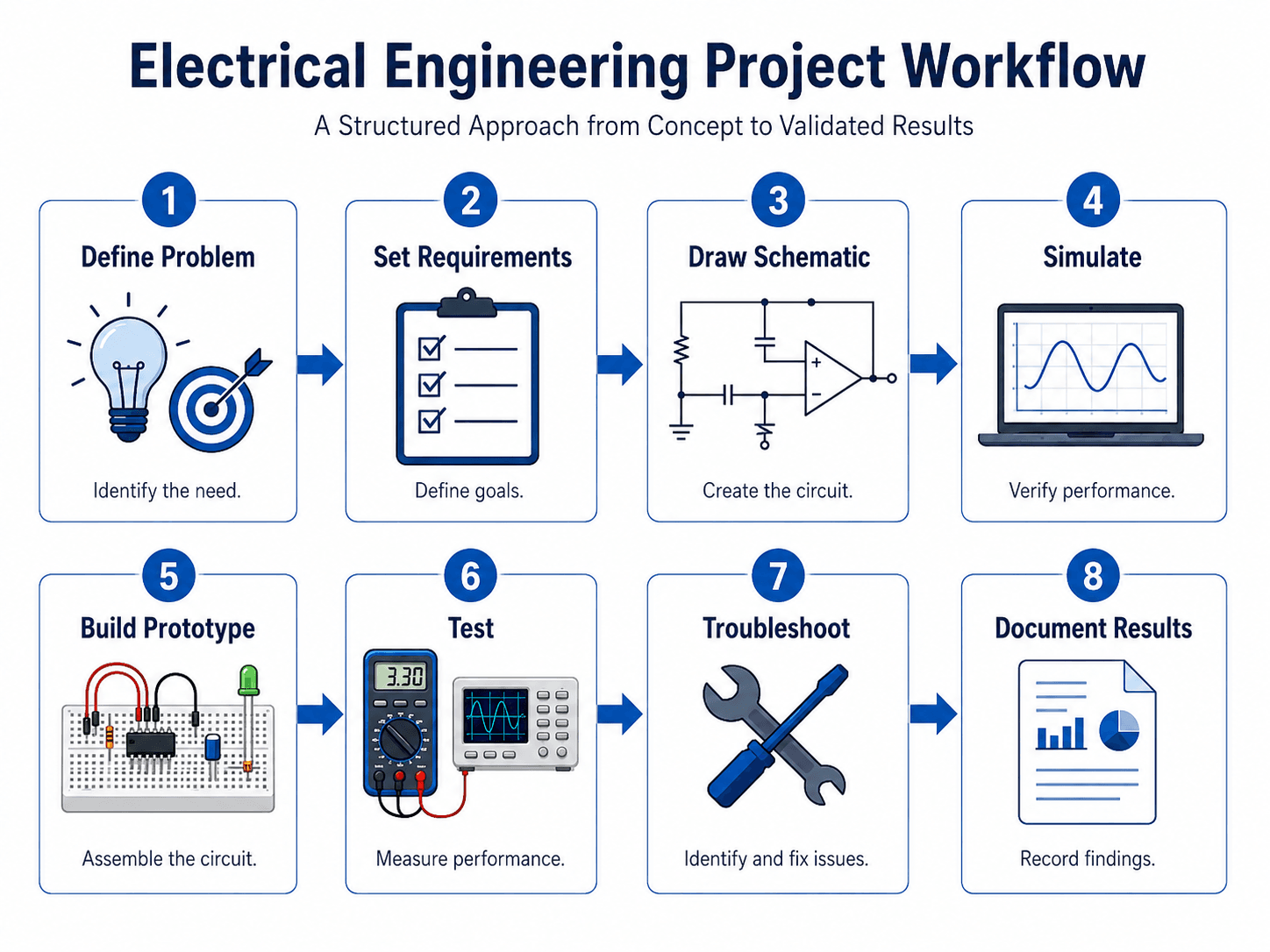 Electrical engineering project workflow from defining the problem through requirements, schematic, simulation, prototyping, testing, troubleshooting, and documentation