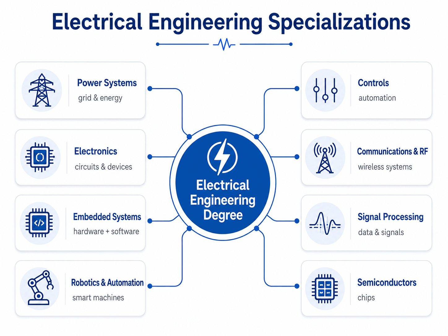 Electrical engineering specializations map showing power systems, electronics, embedded systems, controls, communications and RF, signal processing, semiconductors, and robotics automation