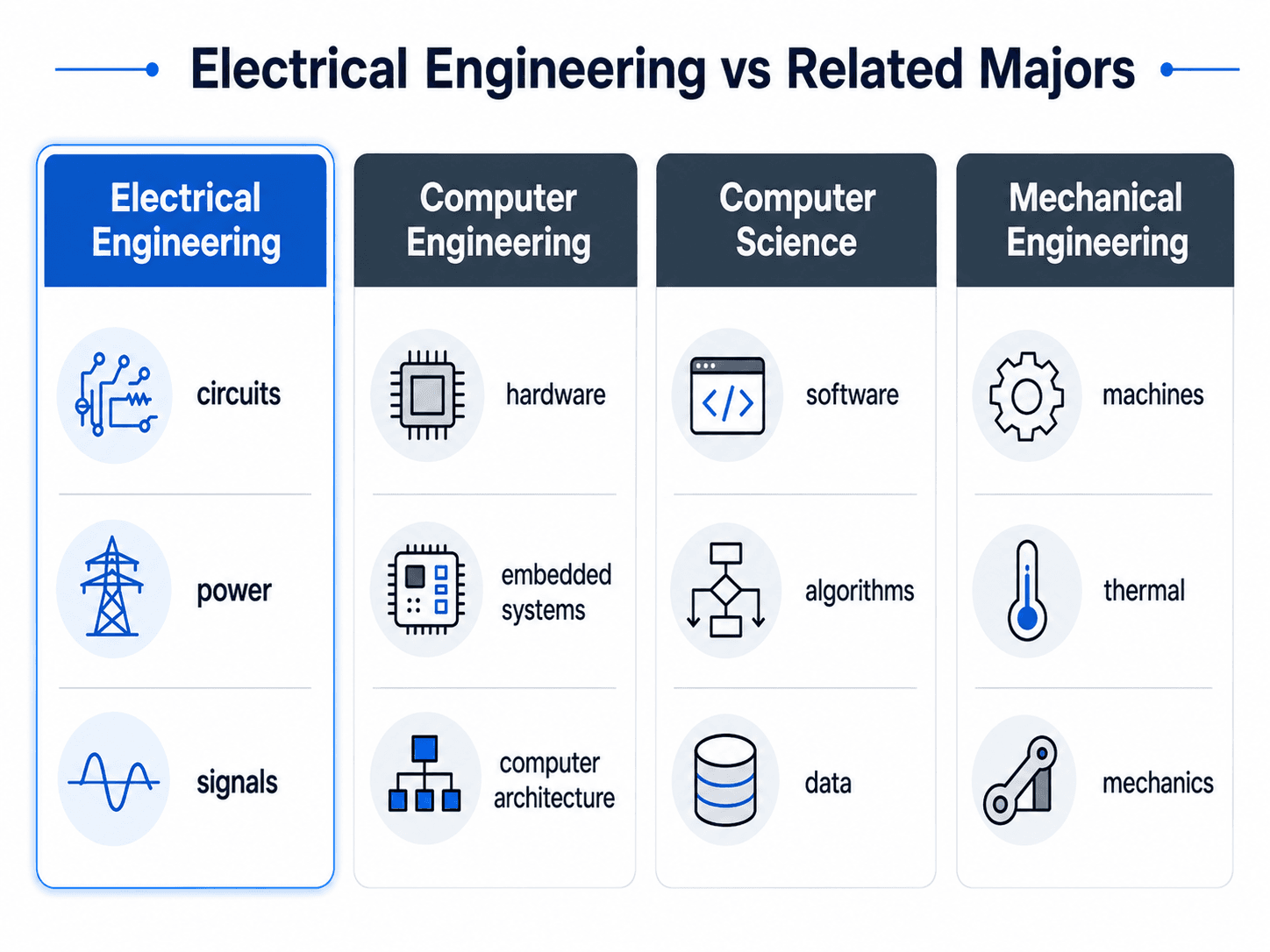 Comparison of electrical engineering, computer engineering, computer science, and mechanical engineering focus areas