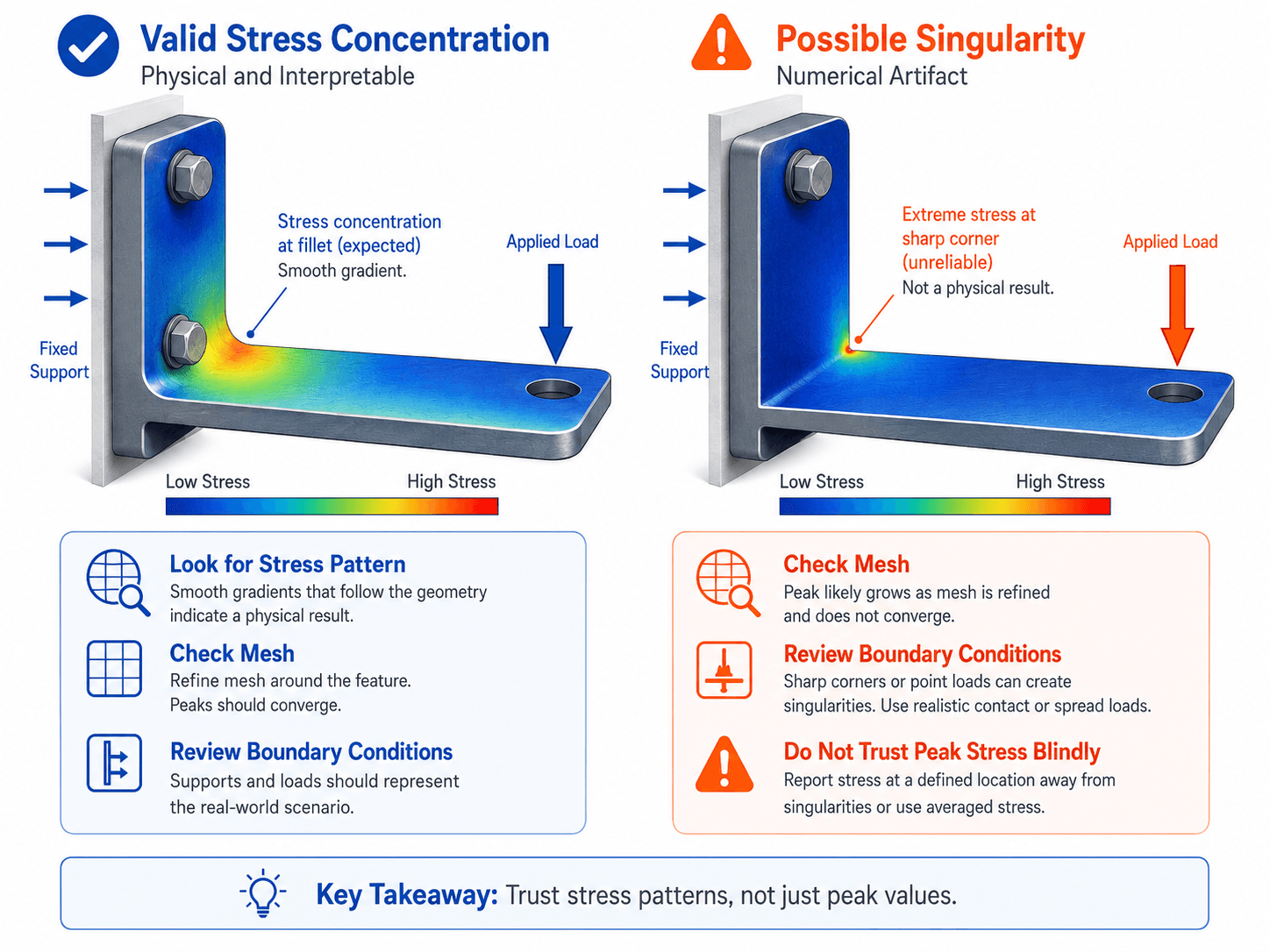 FEA stress analysis comparison showing a valid stress concentration versus a possible stress singularity