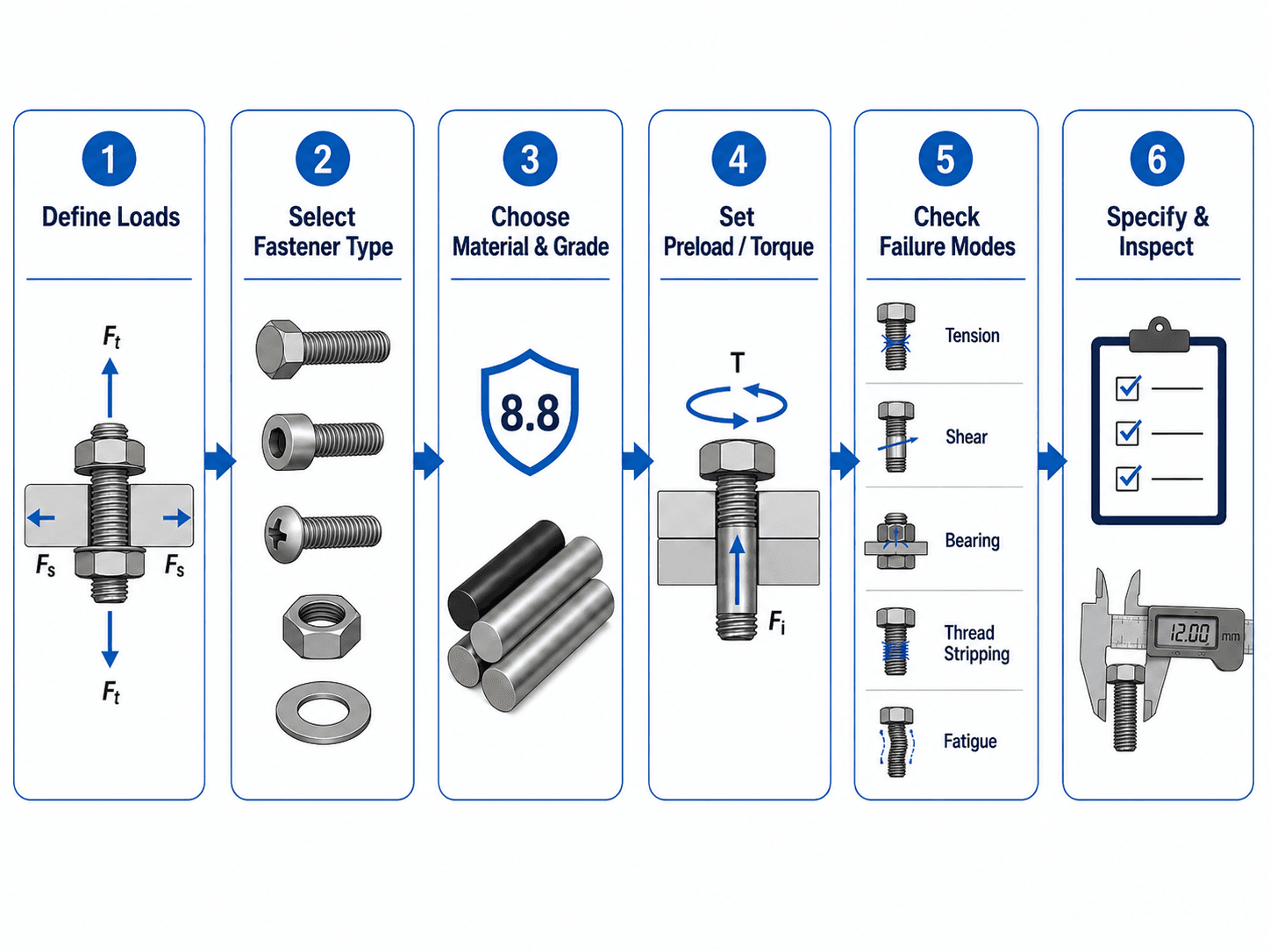Fastener design workflow showing load definition, fastener selection, material grade, preload torque, failure mode checks, and inspection