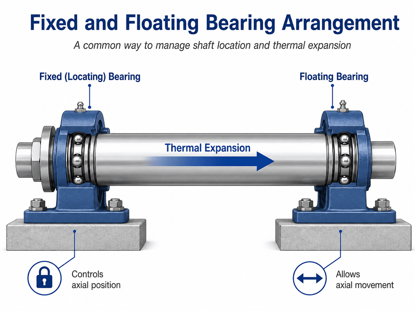 Fixed and floating bearing arrangement showing shaft axial location and thermal expansion movement