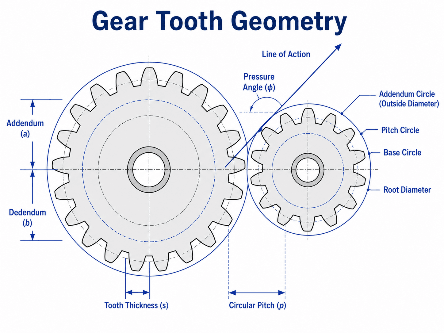 Gear tooth geometry diagram labeling pitch circle, base circle, addendum, dedendum, pressure angle, line of action, circular pitch, tooth thickness, and root diameter