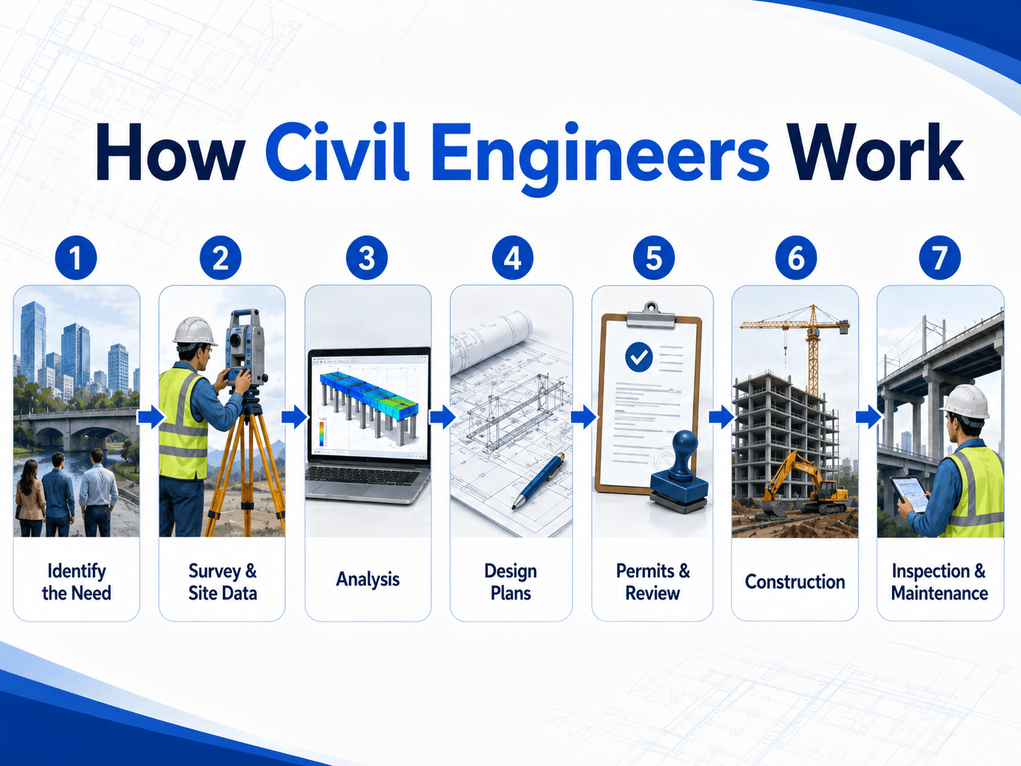Civil engineering workflow showing what civil engineers do from need identification through survey, analysis, design, permits, construction, inspection, and maintenance