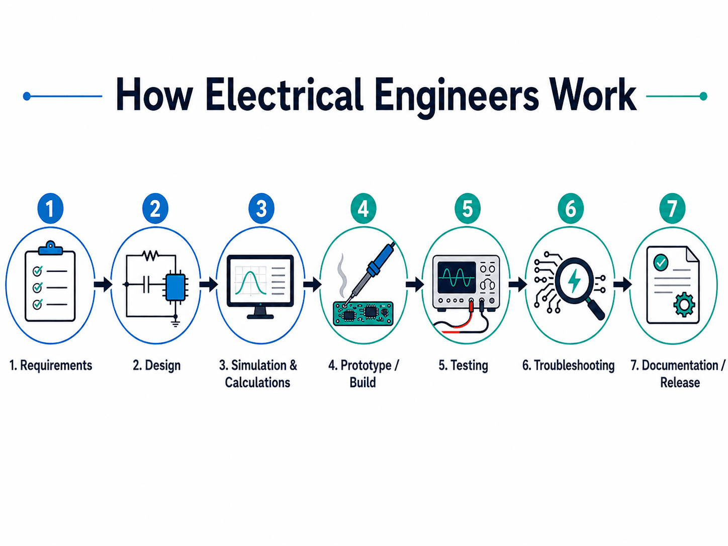 Workflow diagram showing how electrical engineers move from requirements to design, simulation, prototype build, testing, troubleshooting, and documentation