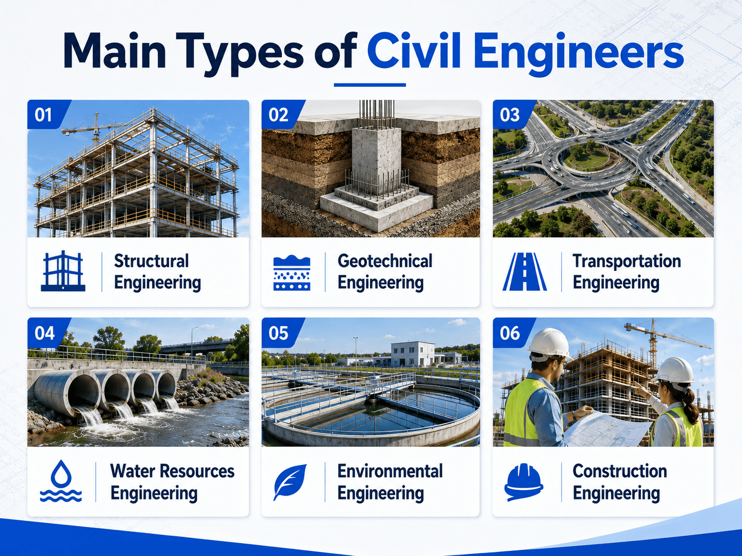 Main types of civil engineers including structural, geotechnical, transportation, water resources, environmental, and construction engineering