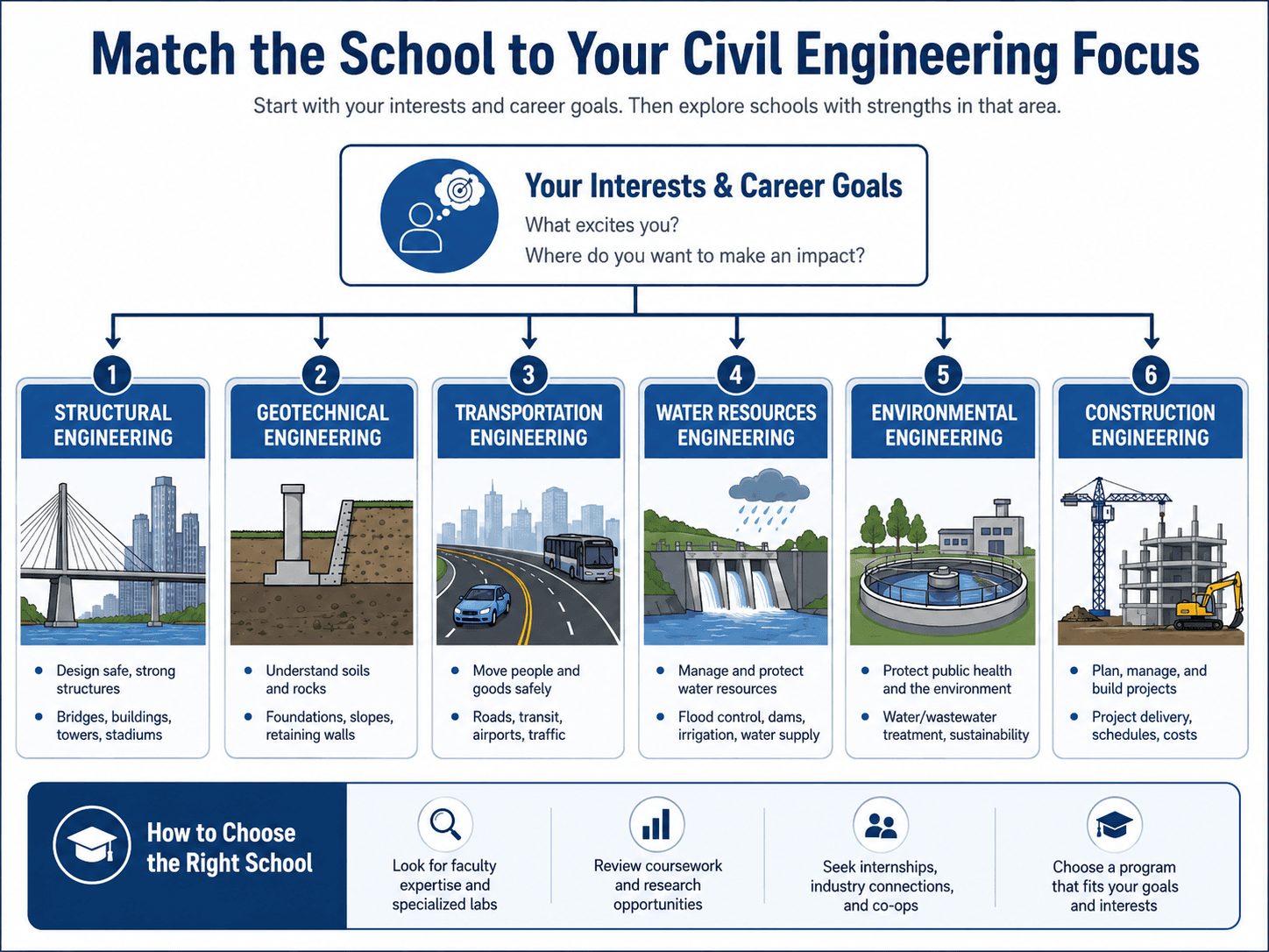Infographic mapping student interests to civil engineering focus areas including structural, geotechnical, transportation, water resources, environmental, and construction engineering.
