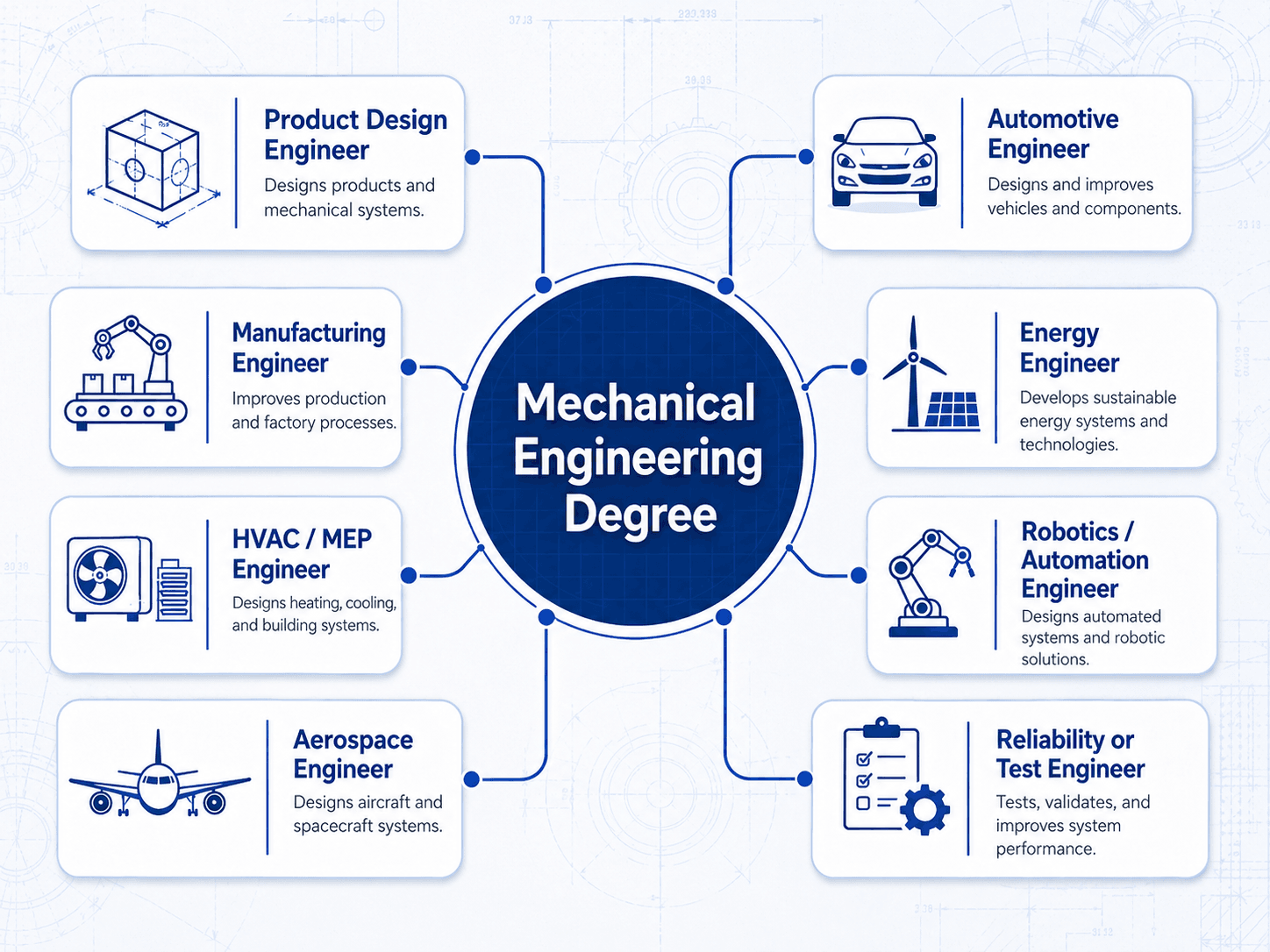 Mechanical engineering degree career path infographic connecting the degree to product design, manufacturing, HVAC, aerospace, automotive, energy, robotics, and reliability careers