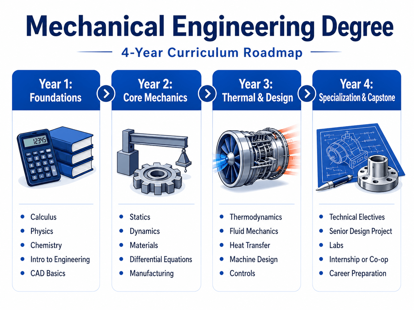 Four-year mechanical engineering degree curriculum roadmap showing foundations, core mechanics, thermal and design courses, and capstone specialization