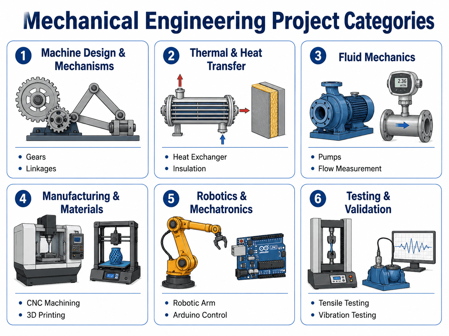 Mechanical engineering project categories including machine design, thermal systems, fluid mechanics, manufacturing, robotics, and testing