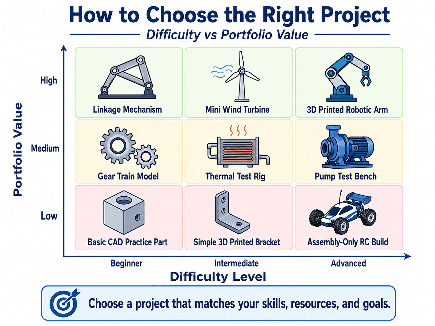 Mechanical engineering project selection matrix comparing difficulty level against portfolio value for beginner, intermediate, and advanced projects