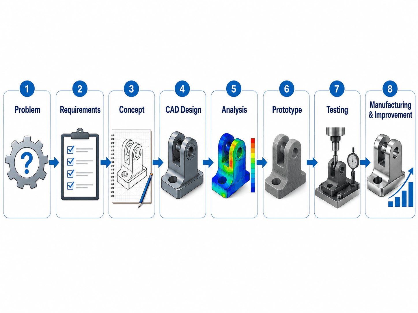 Mechanical engineering workflow from problem and requirements through CAD design, analysis, prototype, testing, manufacturing, and improvement