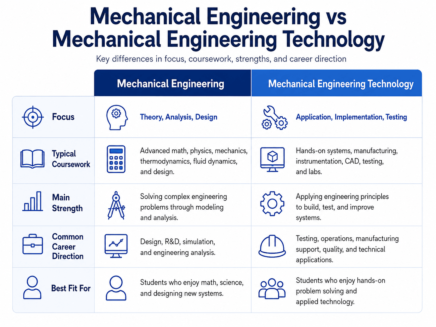 Comparison infographic showing differences between mechanical engineering and mechanical engineering technology in focus, coursework, strengths, career direction, and best fit