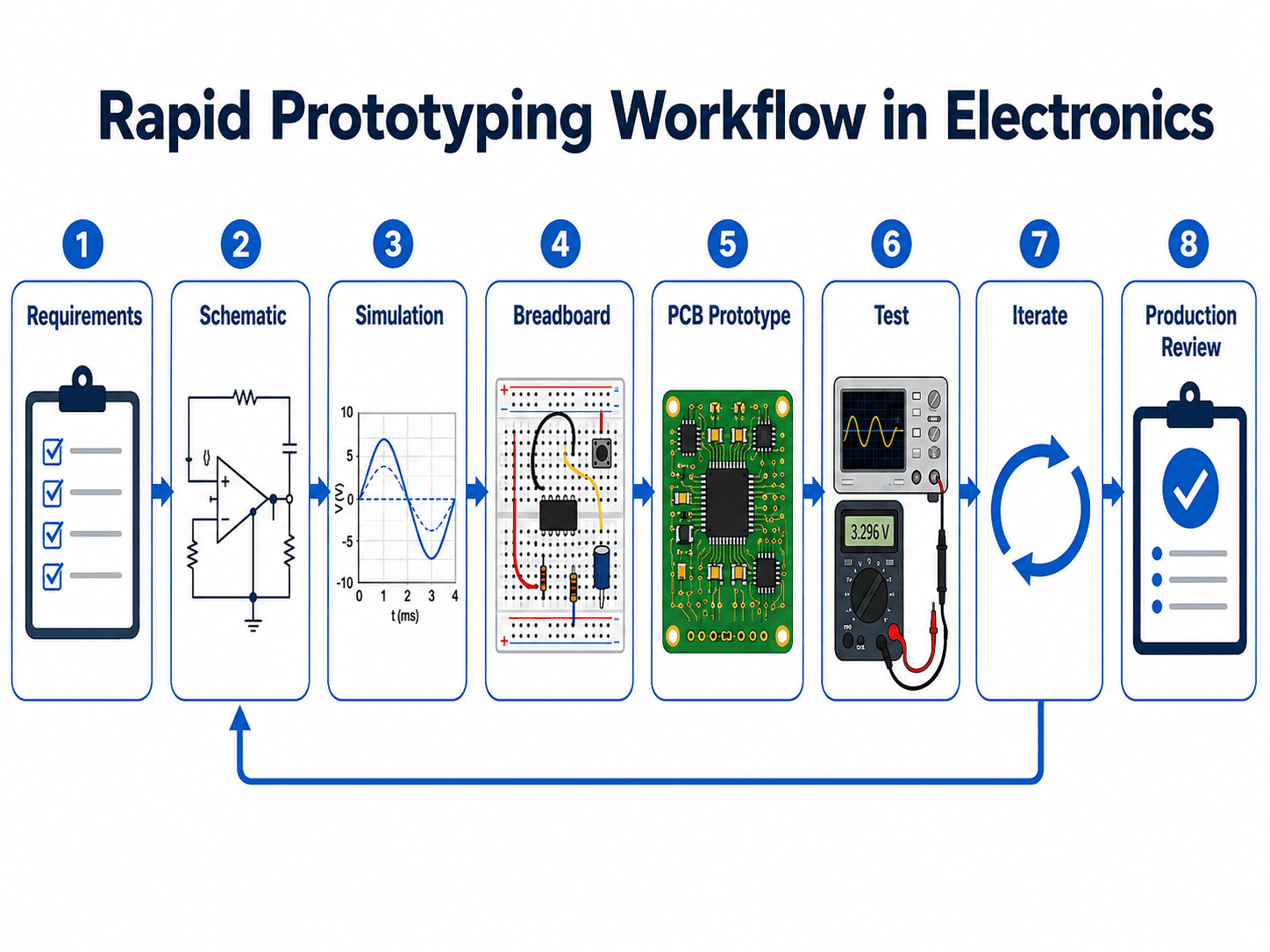 Rapid prototyping workflow in electronics showing requirements, schematic, simulation, breadboard, PCB prototype, test, iteration, and production review