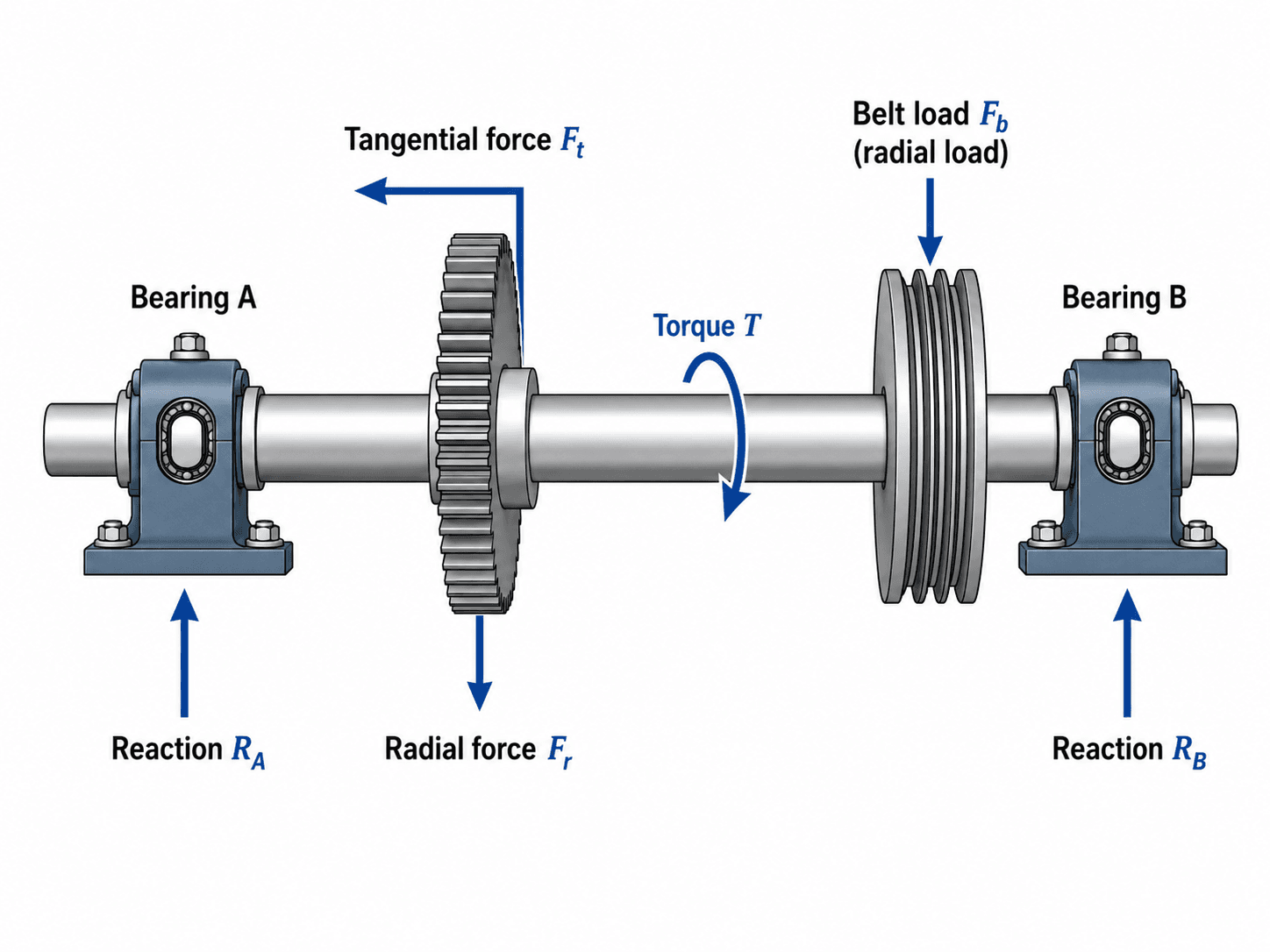 Shaft design load path diagram showing bearing reactions, gear forces, pulley belt load, and torque through a supported shaft