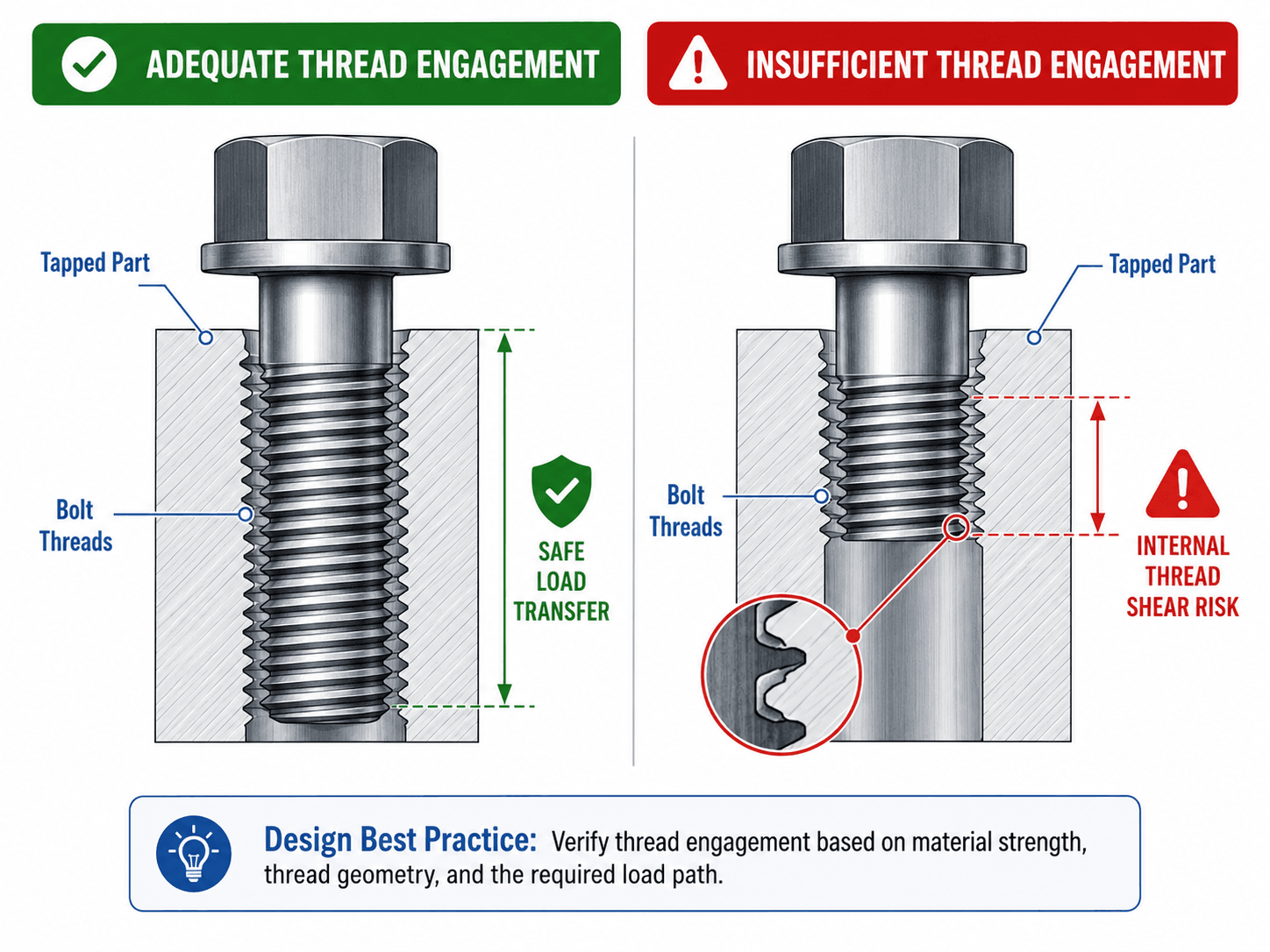 Thread engagement design comparison showing adequate bolt thread engagement versus insufficient engagement and internal thread shear risk