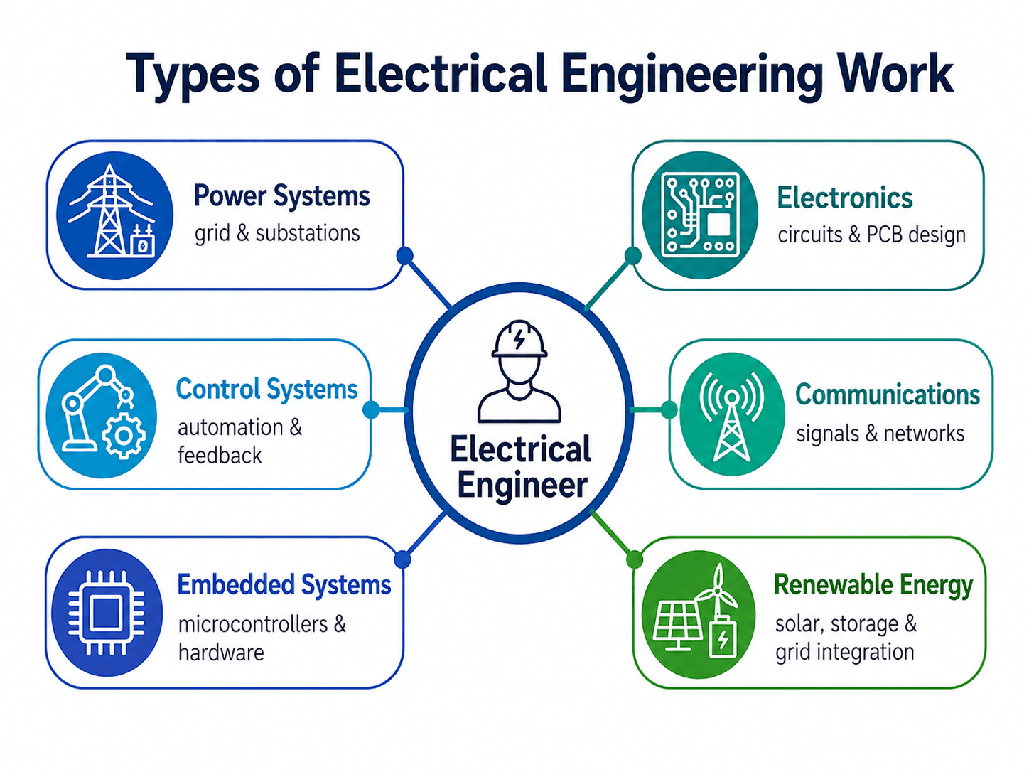 Diagram showing the main types of electrical engineering work, including power systems, electronics, control systems, communications, embedded systems, and renewable energy