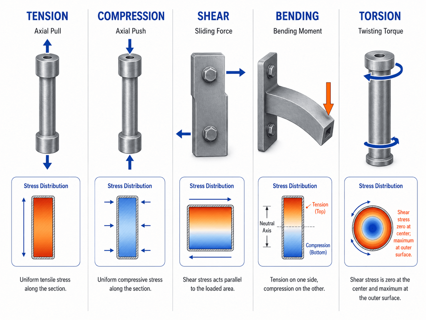Stress analysis diagram comparing tension, compression, shear, bending, and torsion in mechanical components