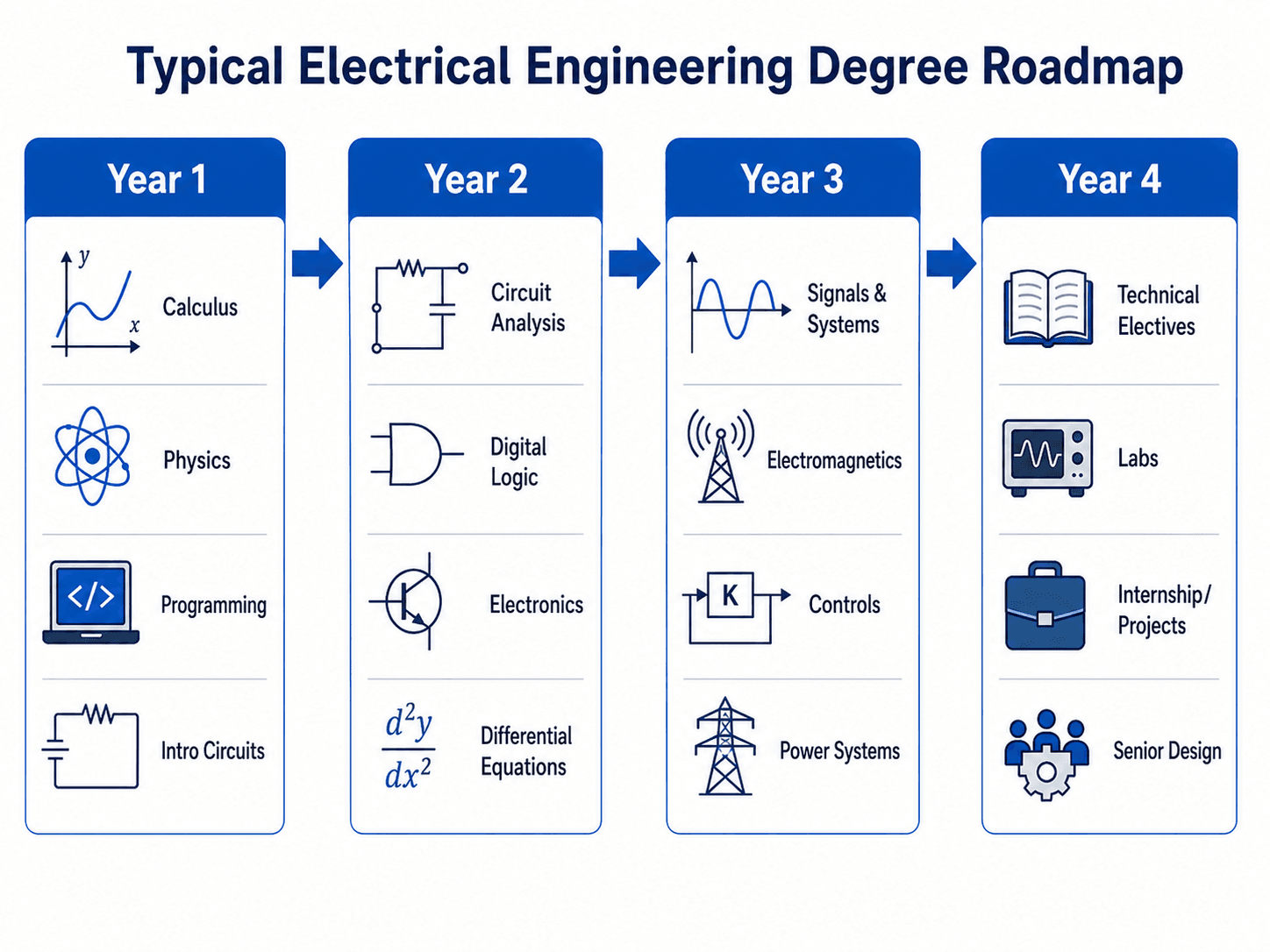 Electrical engineering degree roadmap showing common courses from calculus and circuits through labs, electives, internships, and senior design
