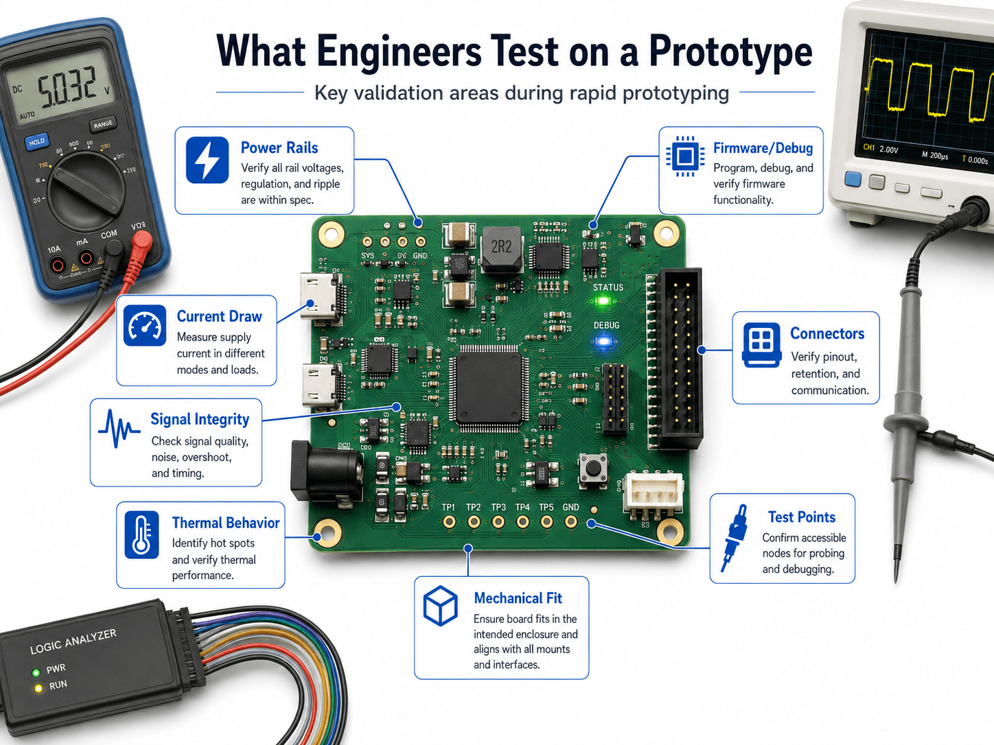 PCB prototype testing diagram showing power rails, current draw, signal integrity, thermal behavior, firmware debug, connectors, test points, and mechanical fit