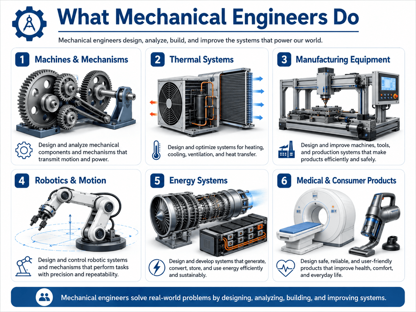 Infographic showing what mechanical engineers do across machines, thermal systems, manufacturing equipment, robotics, energy systems, and products