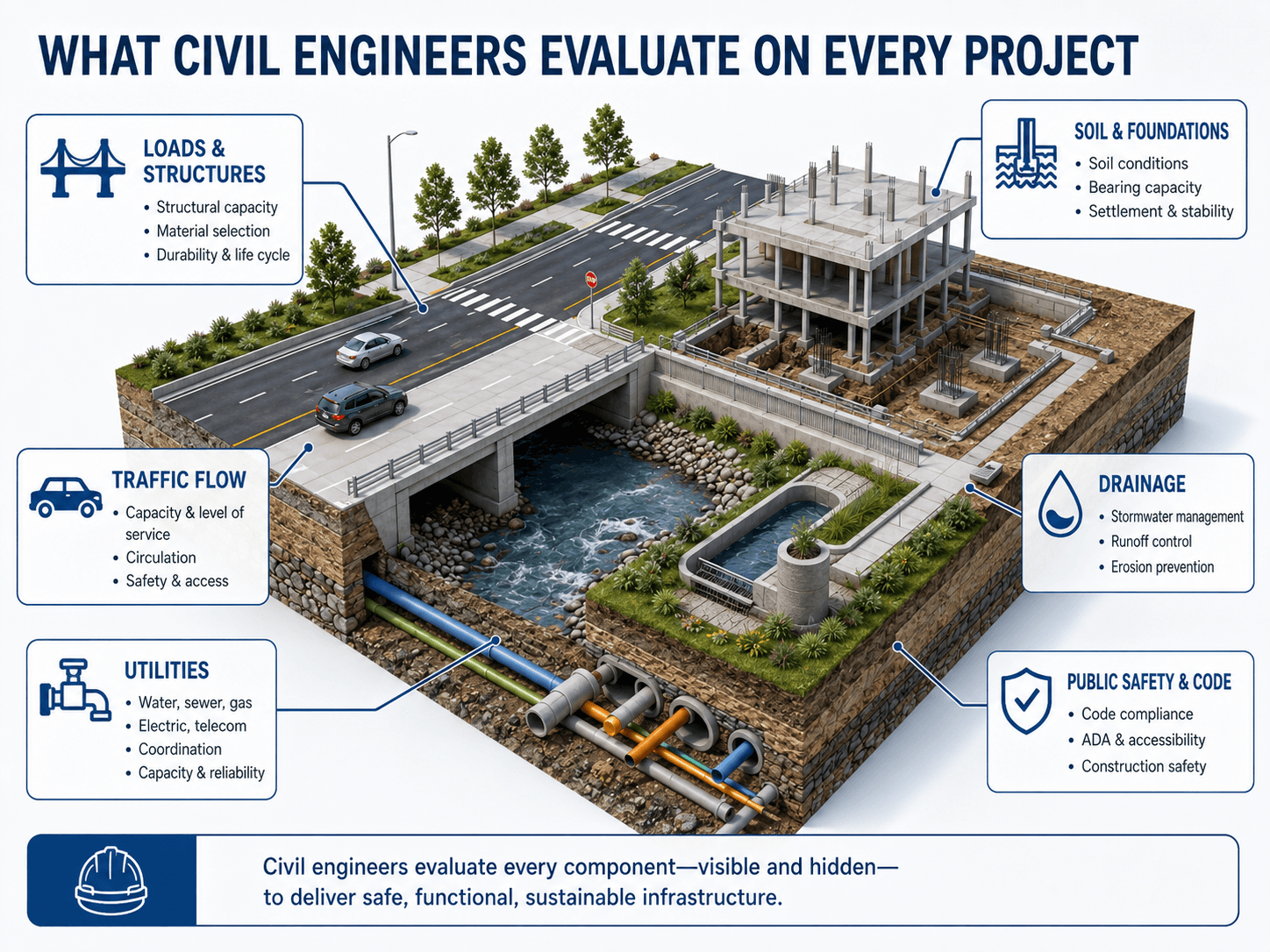 Civil engineering project diagram showing structures, foundations, traffic flow, drainage, utilities, and public safety code checks