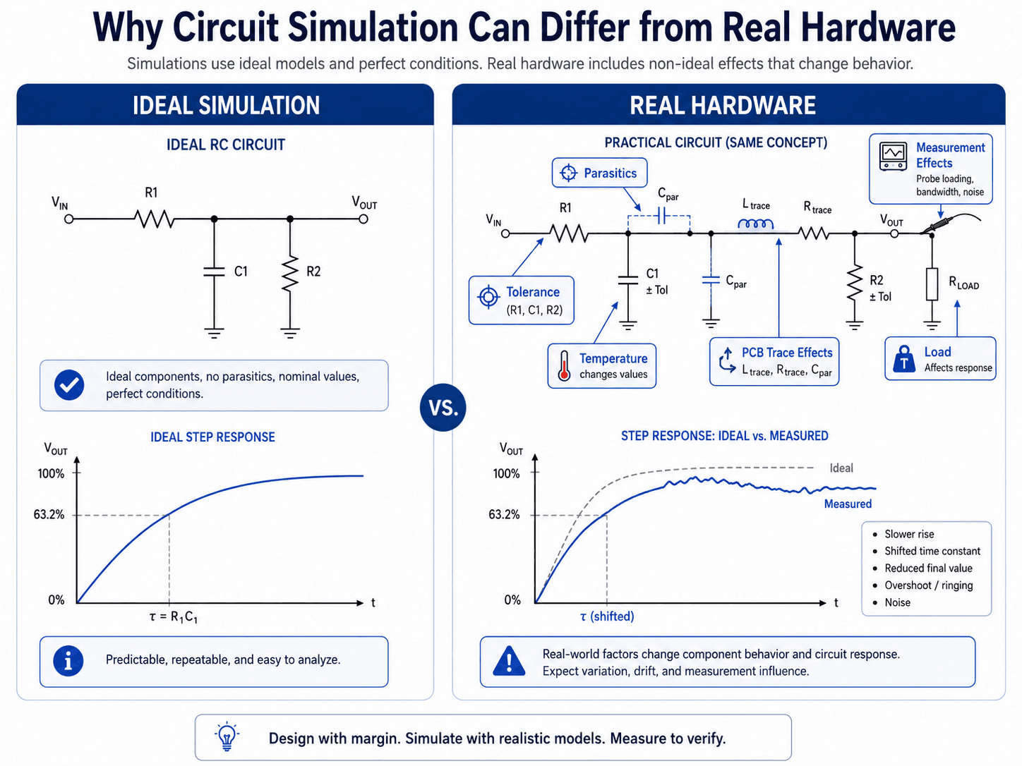 Diagram comparing ideal circuit simulation with real hardware effects including parasitics, tolerance, temperature, load, PCB trace effects, and measurement effects