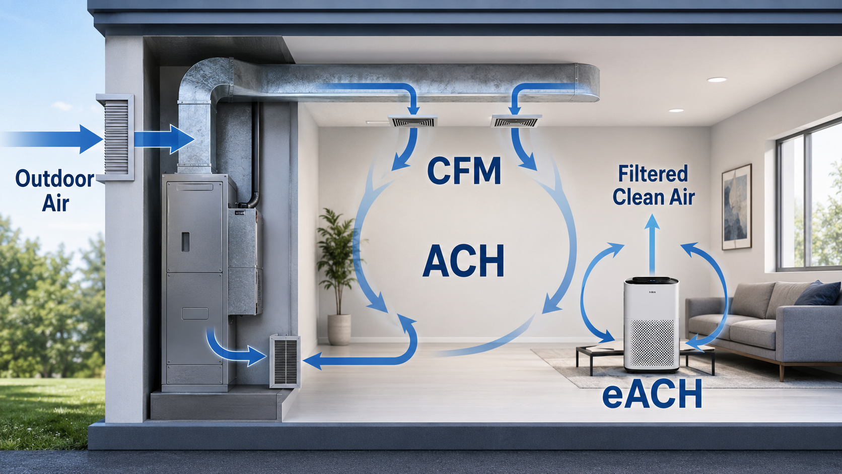 Comparison of outdoor ventilation air, HVAC airflow in CFM, room air changes per hour, and equivalent ACH from a portable air cleaner