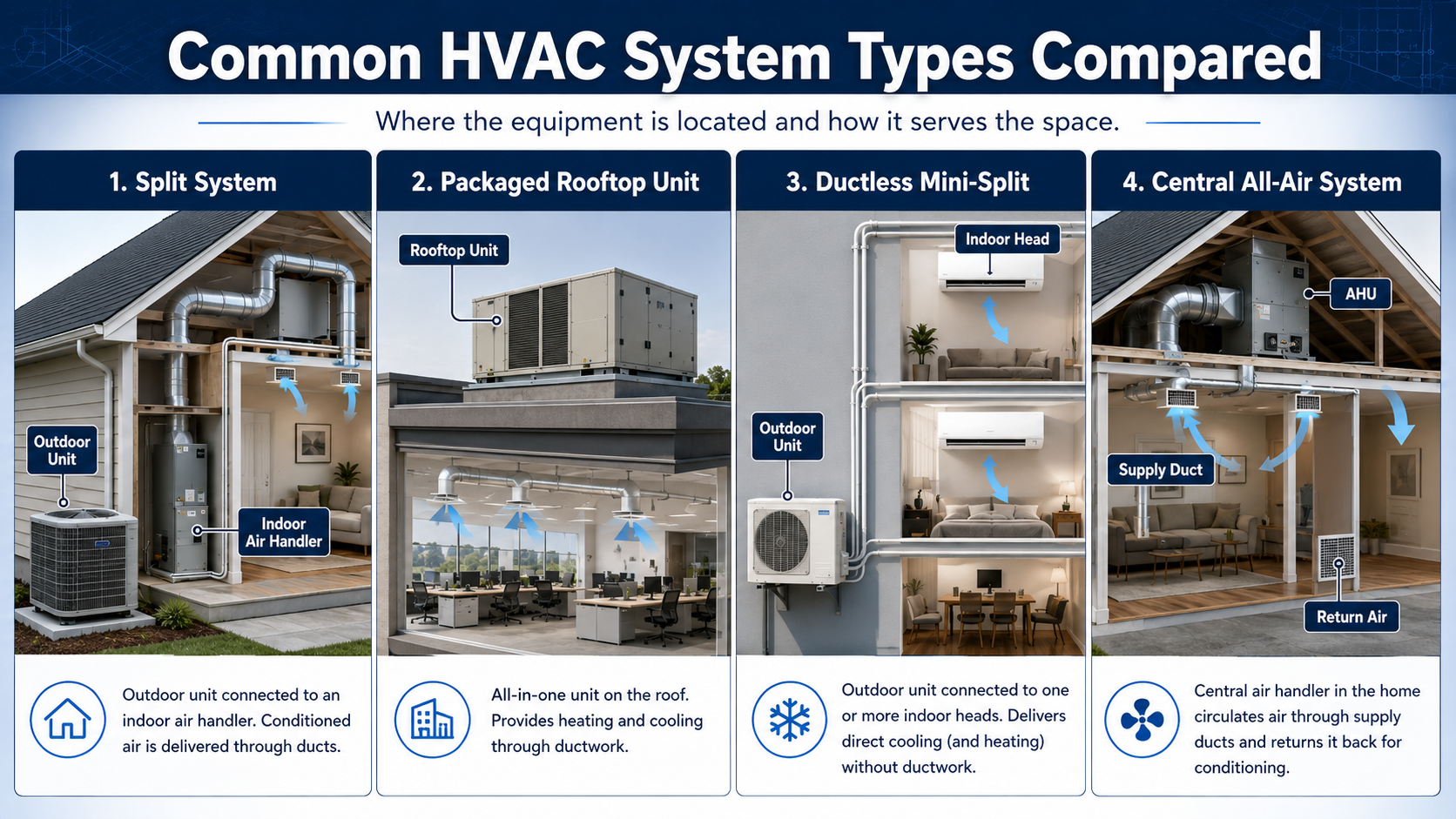Side-by-side comparison of a split HVAC system, packaged rooftop unit, ductless mini-split system, and central all-air system