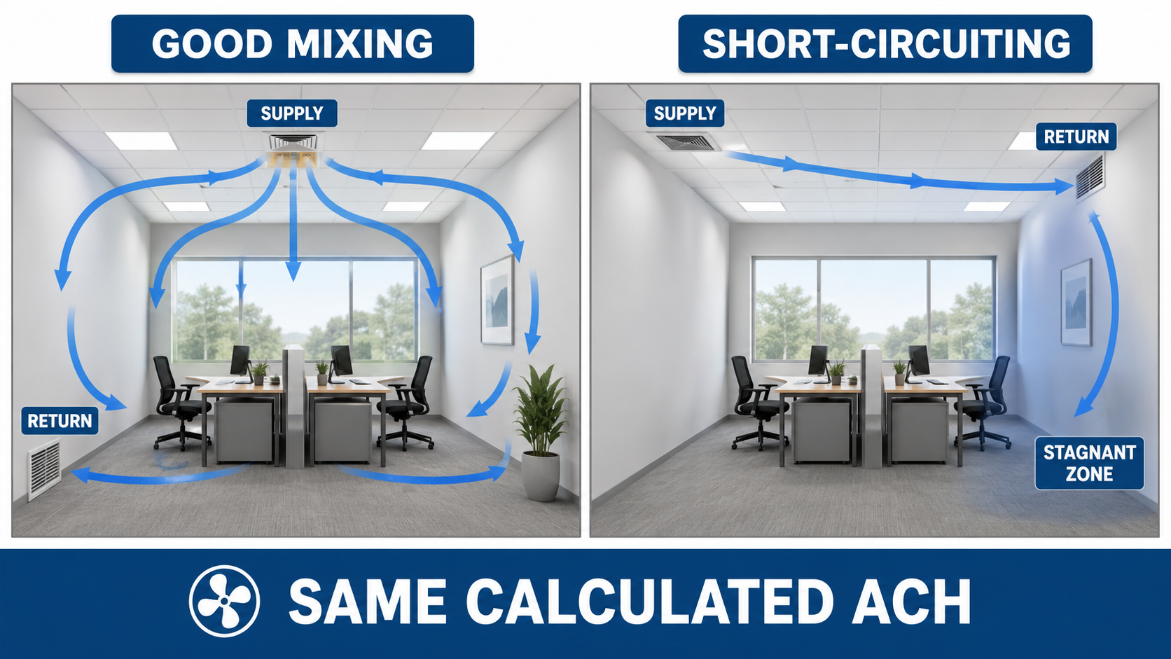 Comparison of effective HVAC air mixing and supply-to-return short-circuiting in two rooms with the same calculated ACH
