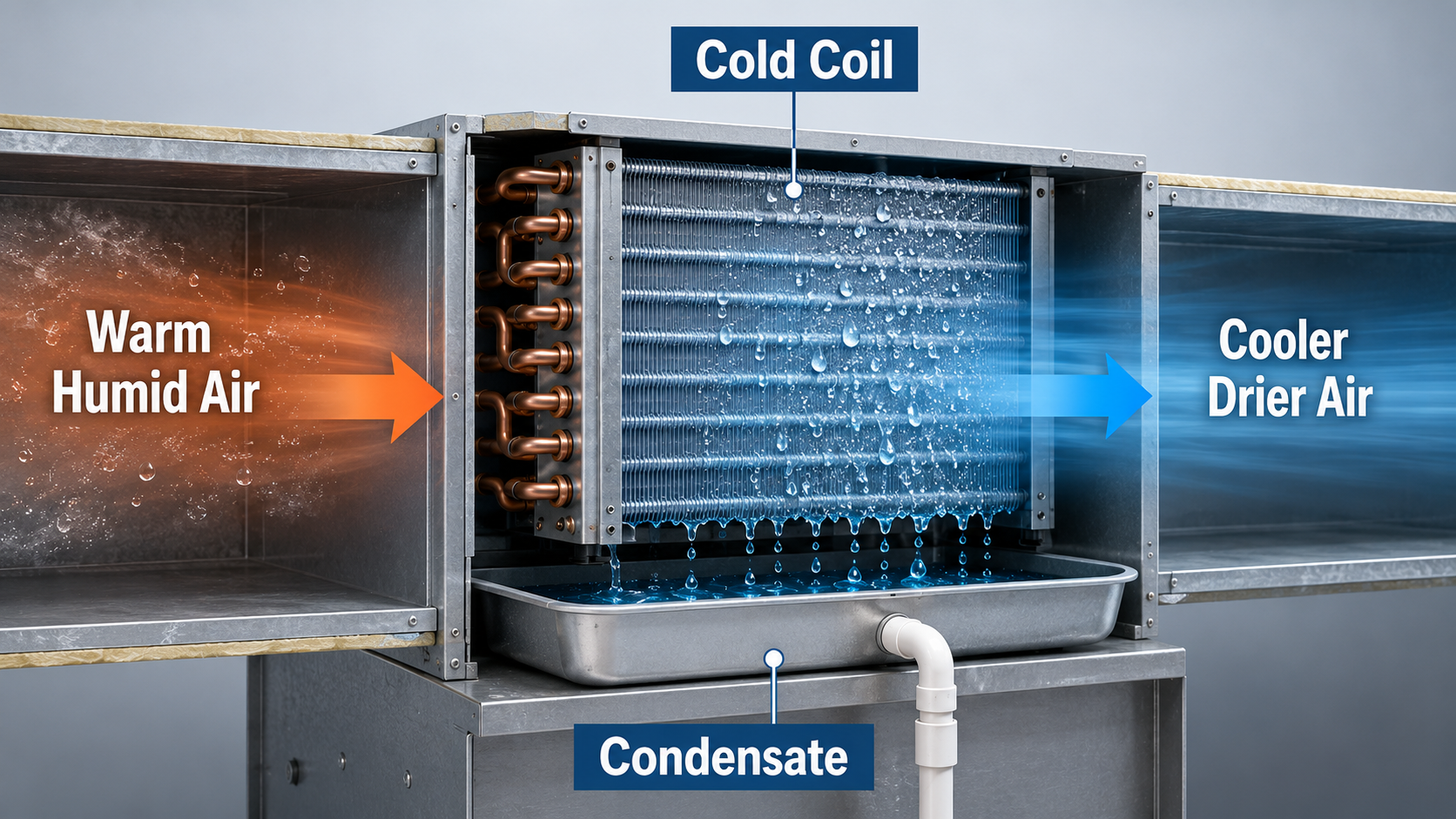 HVAC evaporator coil showing warm humid air entering, sensible cooling across the coil, moisture condensing into a drain pan, and cooler drier air leaving