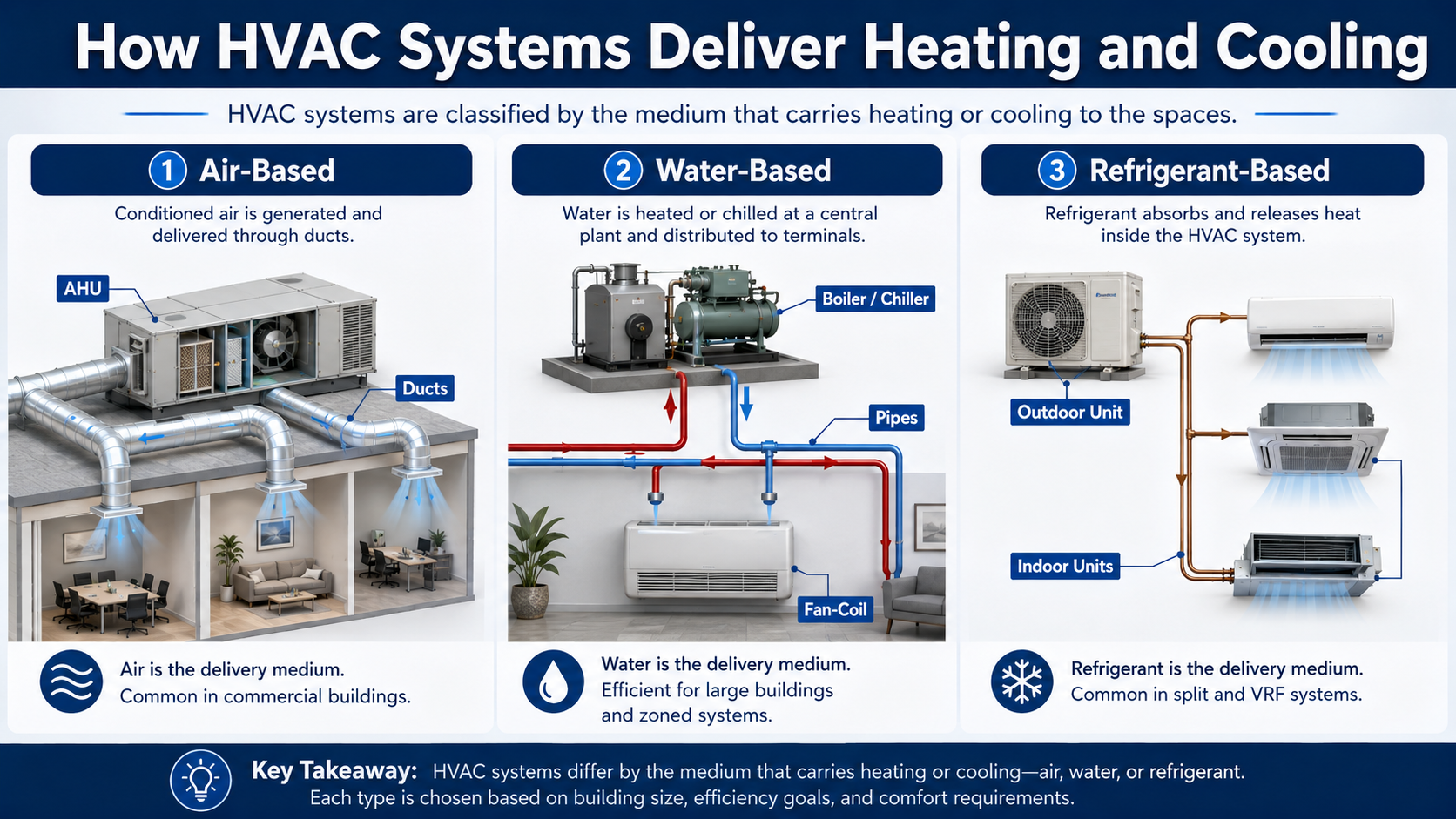 Comparison of air-based HVAC using ducts, water-based HVAC using hydronic piping, and refrigerant-based HVAC serving multiple indoor units