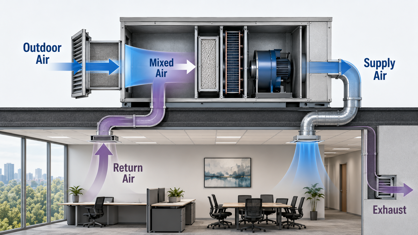 HVAC airflow diagram showing outdoor ventilation air mixing with return air before becoming total supply air