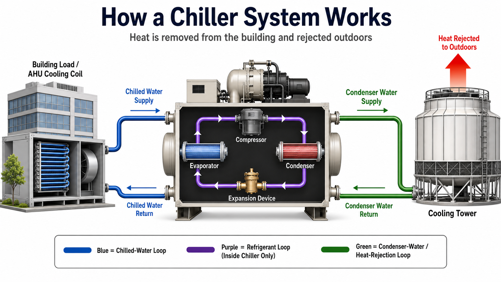 Water-cooled chiller system showing the chilled-water loop between a building cooling coil and evaporator, the refrigerant loop inside the chiller, and the condenser-water loop to a cooling tower