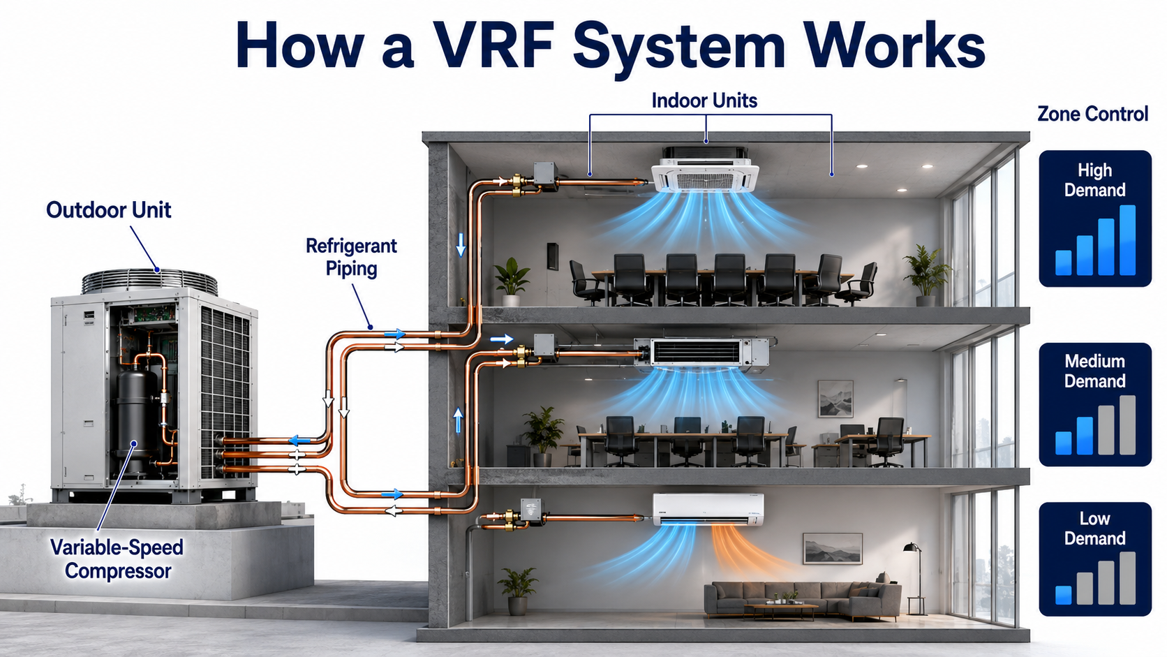 VRF outdoor unit varying refrigerant flow to ceiling cassette, concealed ducted, and wall-mounted indoor units with different zone demands