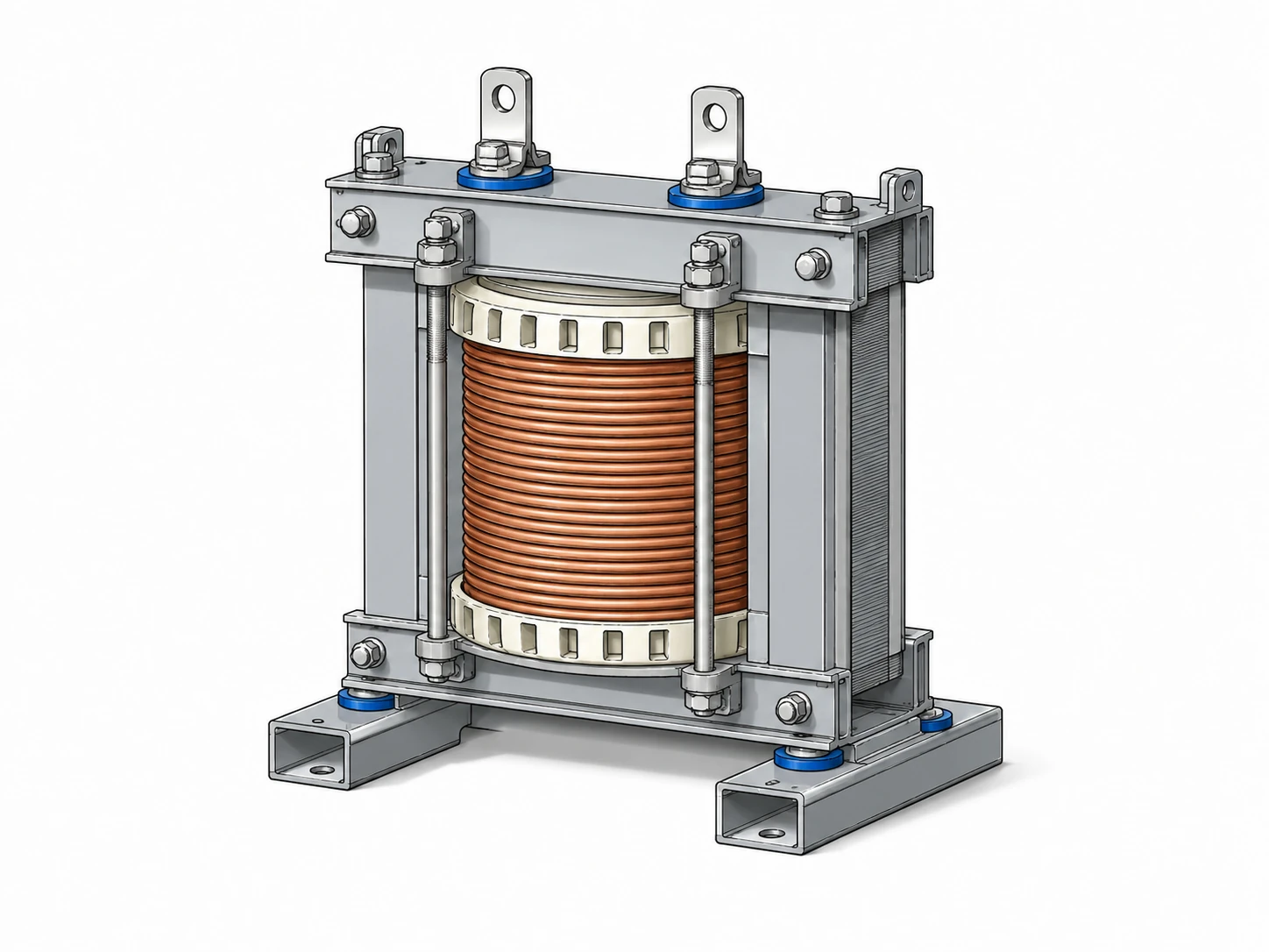Industrial inductor showing copper winding, magnetic core, terminals, and physical construction used to provide inductance in electrical and power-electronic circuits