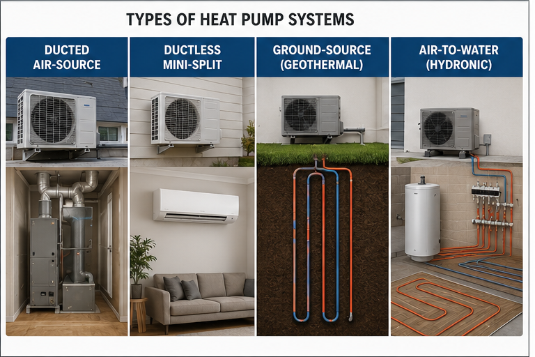 Comparison of ducted air-source, ductless mini-split, ground-source, and air-to-water heat pump systems